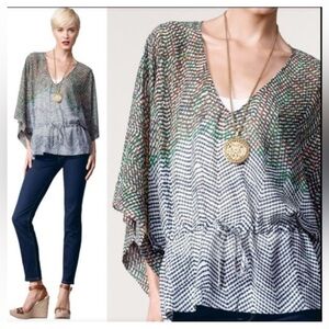 Cabi Womens Arts Sheer Green Blue Mixed Media Drawstring Waist Size Medium